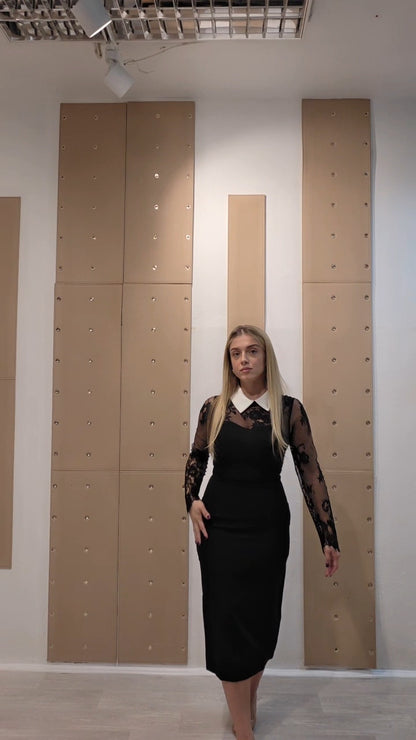 Crna elegantna haljina s čipkastim rukavima i bijelom kragnom