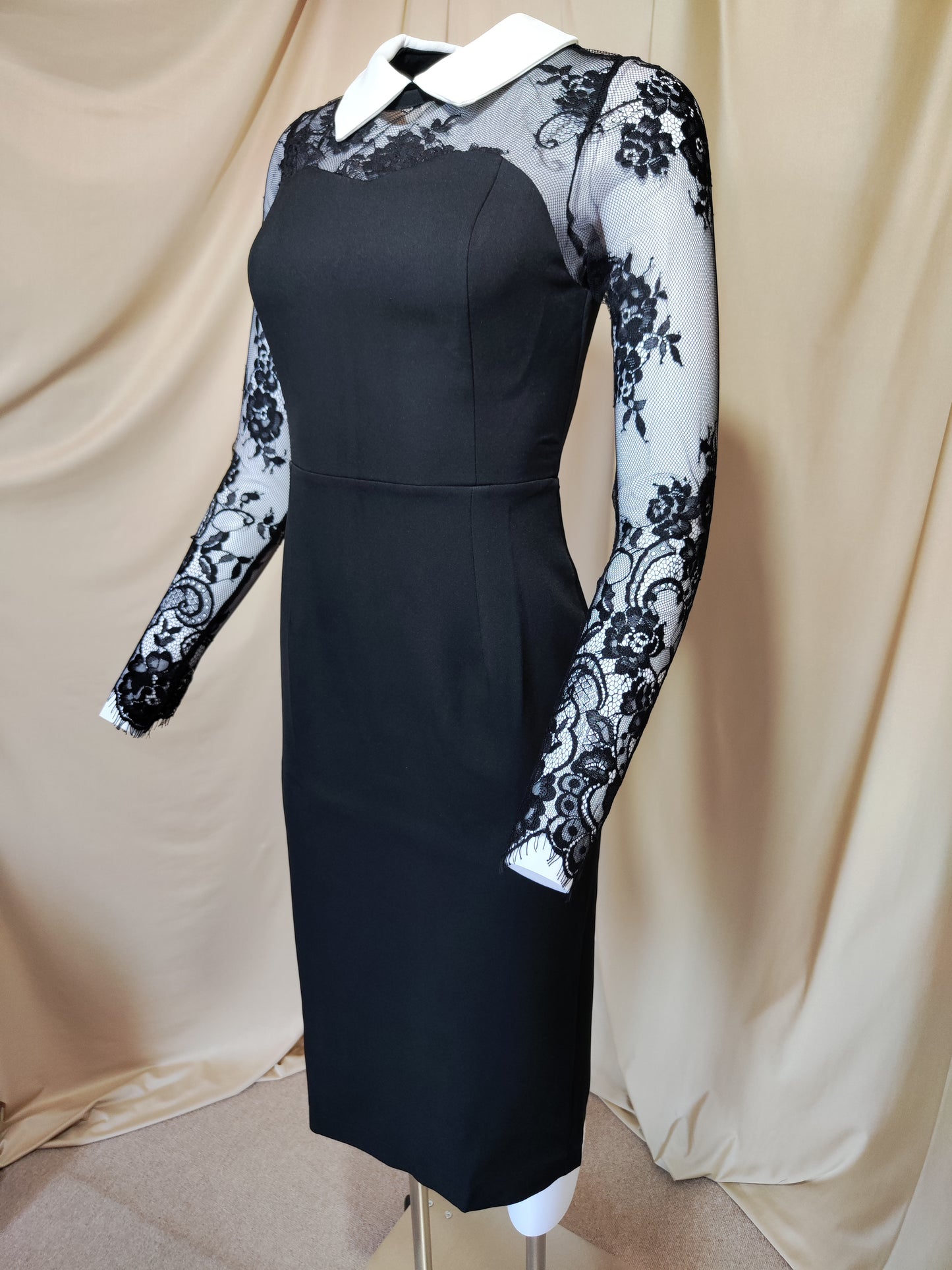 Crna elegantna haljina s čipkastim rukavima i bijelom kragnom