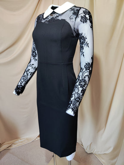 Crna elegantna haljina s čipkastim rukavima i bijelom kragnom
