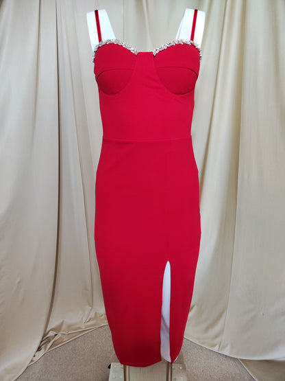 Crvena midi haljina s cirkonima