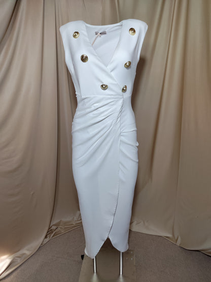 Bijela midi haljina bez rukava sa zlatnim gumbima