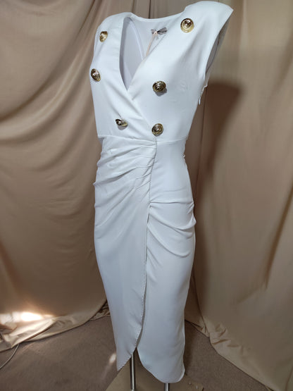 Bijela midi haljina bez rukava sa zlatnim gumbima