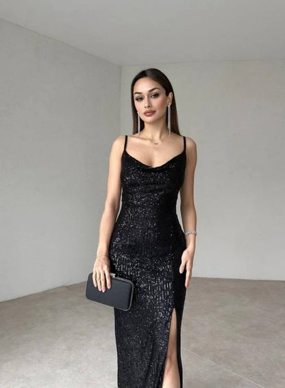 Elegantna duga haljina sa šljokicama i tankim naramenicama