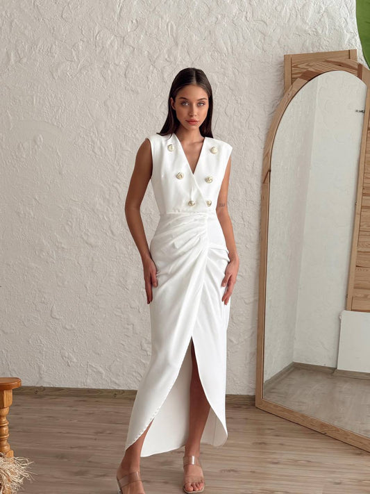 Bijela midi haljina bez rukava sa zlatnim gumbima