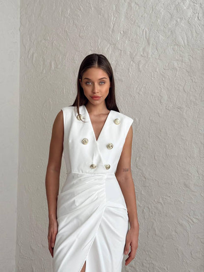 Bijela midi haljina bez rukava sa zlatnim gumbima