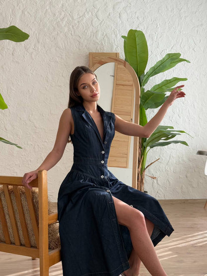 Teksas midi haljina bez rukava s gumbima