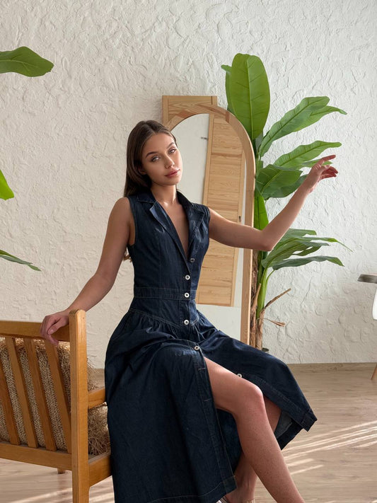 Teksas midi haljina bez rukava s gumbima