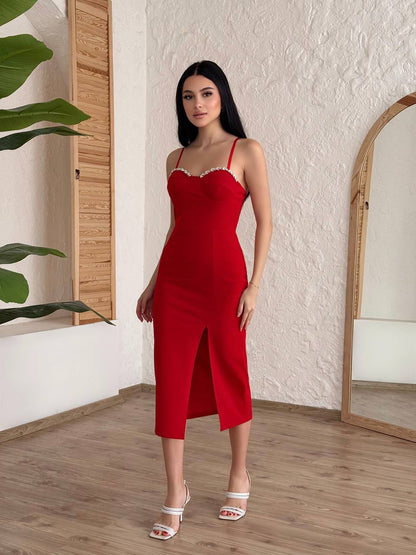 Crvena midi haljina s cirkonima