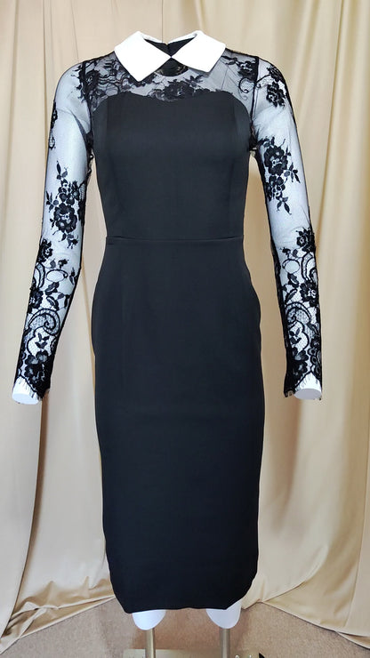 Crna elegantna haljina s čipkastim rukavima i bijelom kragnom